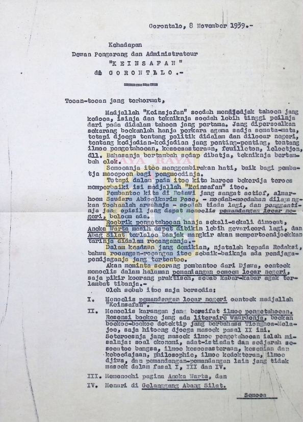 Surat untuk Dewan Pengarang dan Administrateur Majalah "Keinsafan"