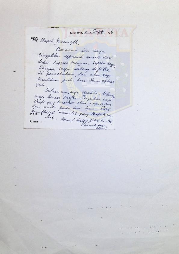 Surat dari Dewiningrum kepada H. B. Jassin (23 September 1976)