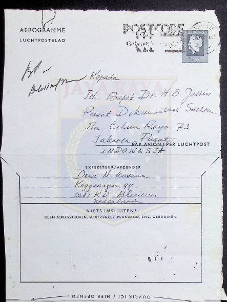 Postcard dari Dewiningrum kepada H. B. Jassin (2 Juli 1980)
