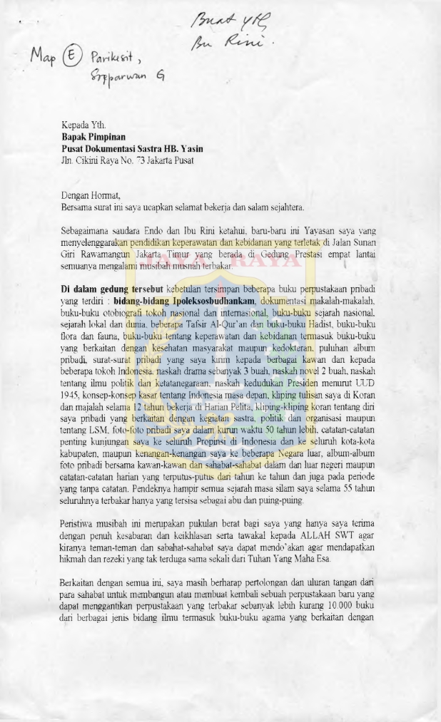 Surat dari Soeparwan G Parikesit untuk pimpinan PDS HB Jassin