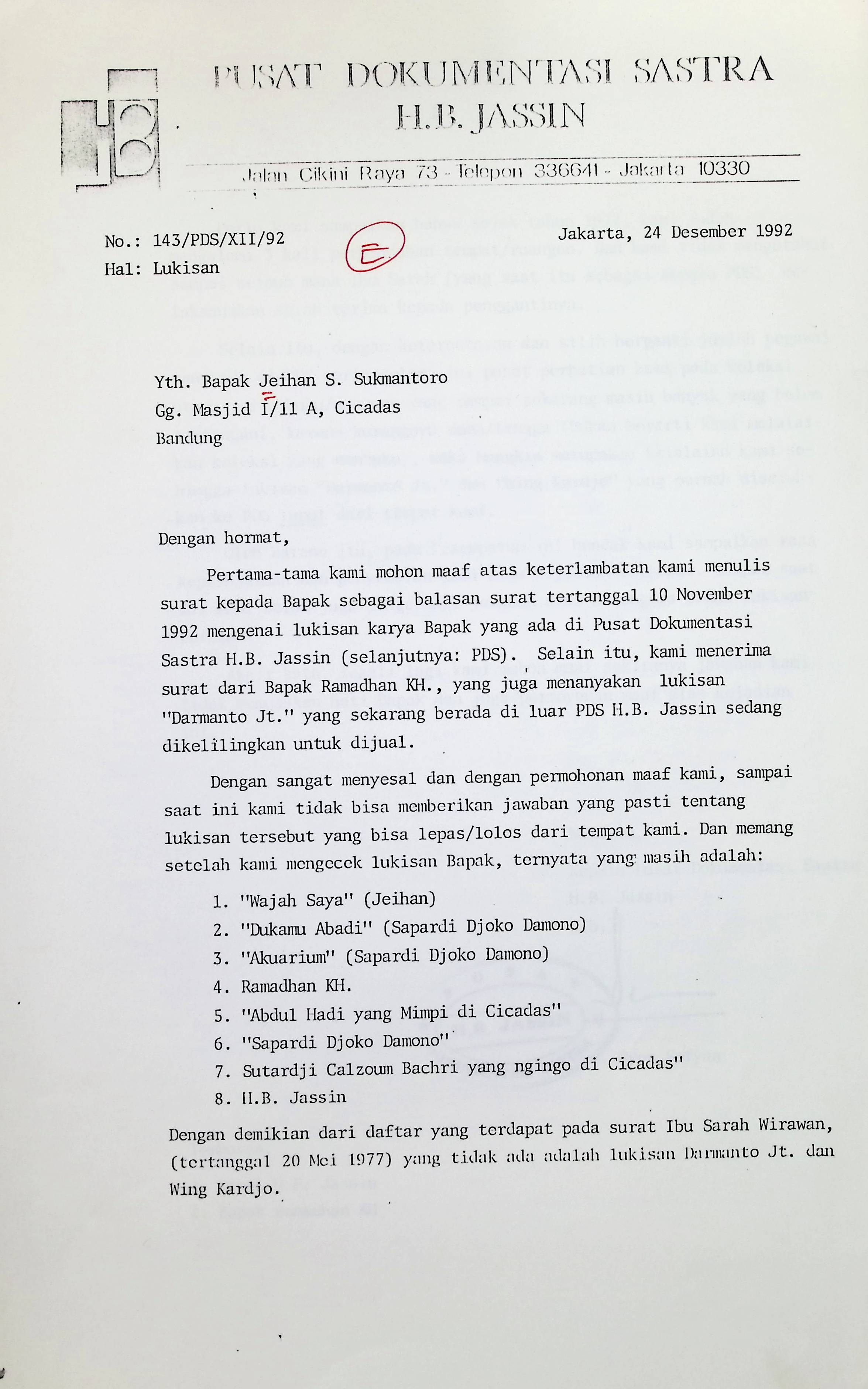 Surat Oyon Sofyan untuk Jeihan Sukmantoro