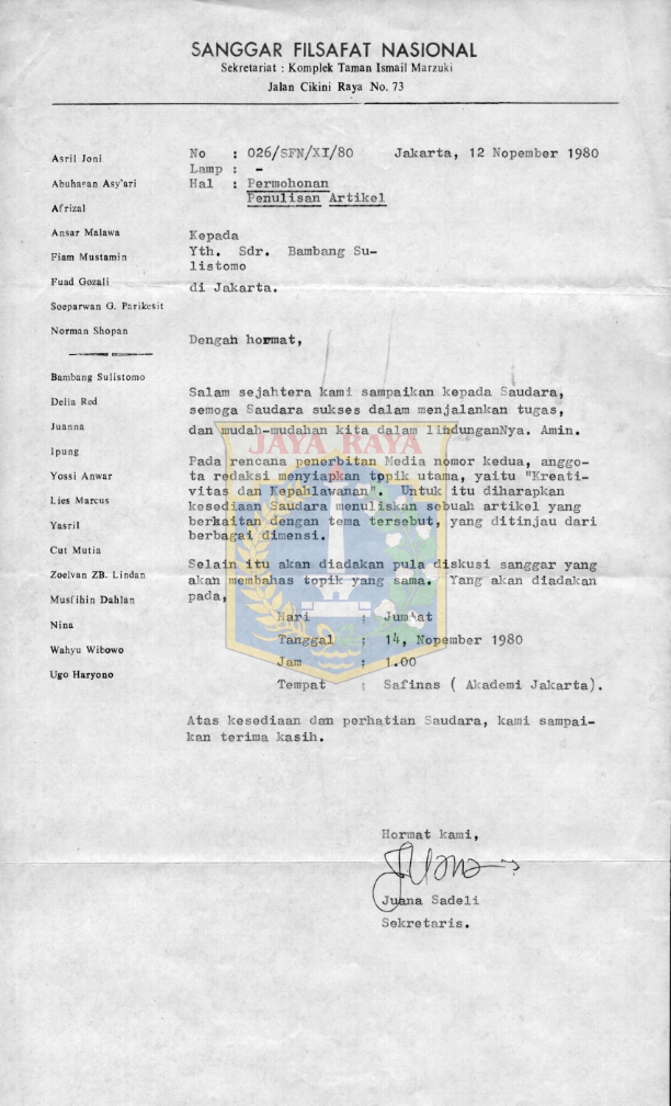 Surat permohonan penulisan artikel dari Juana Sadeli kepada Bambang Sulistomo
