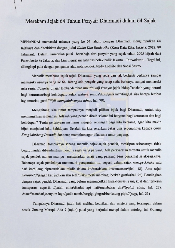Merekam jejak 64 tahun penyair Dharmadi dalam 64 sajak : Timbangan buku "kalau kau rindu aku"