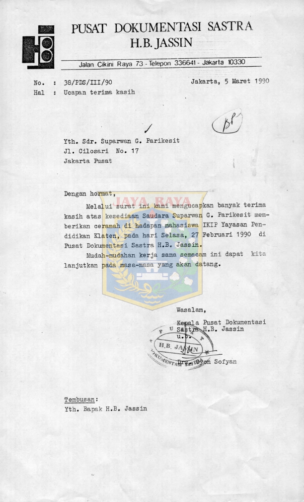 Surat ucapan terima kasih dari Drs. Oyon Sofyan kepada Soeparwan G Parikesit
