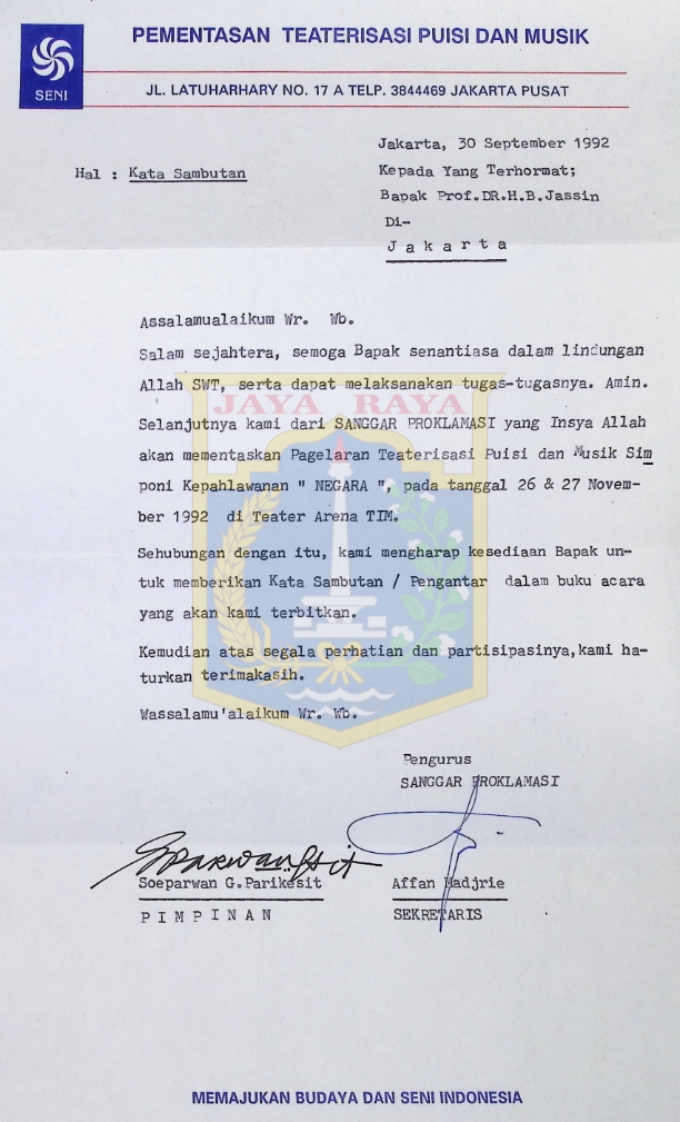 Surat dari pengurus sanggar proklamasi
