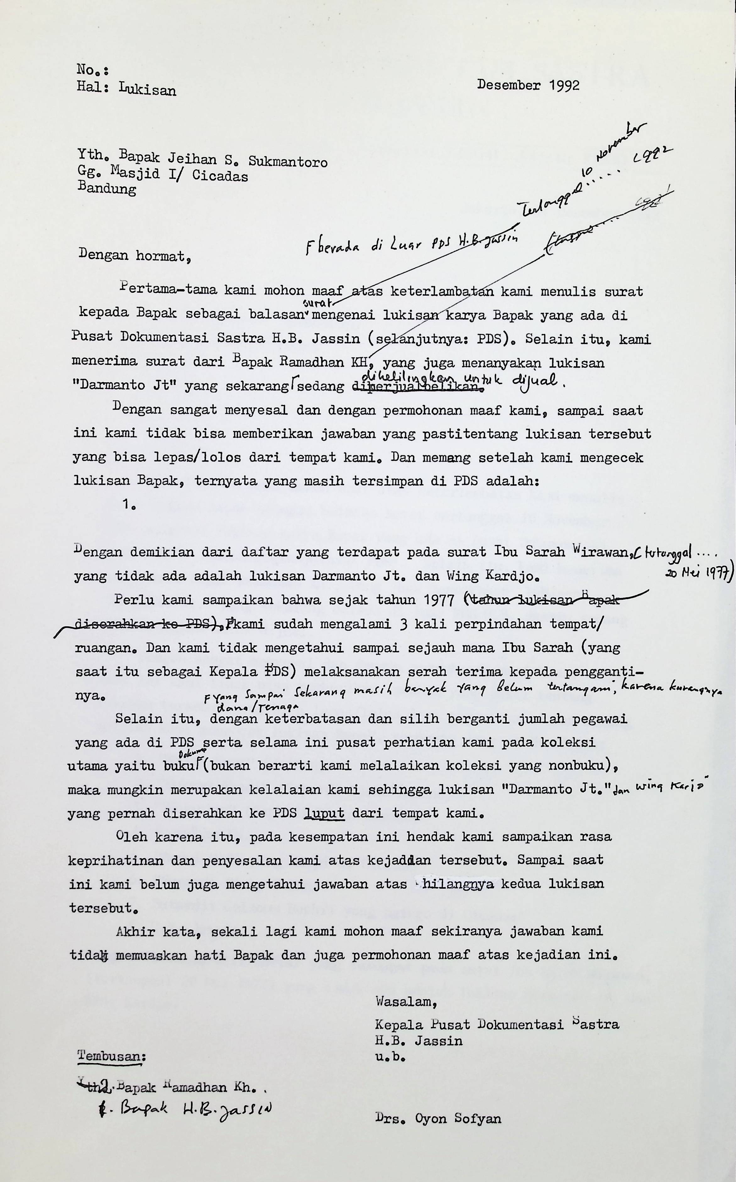Surat balasan Oyon Sofyan untuk Jeihan Sukmantoro Desember 1992