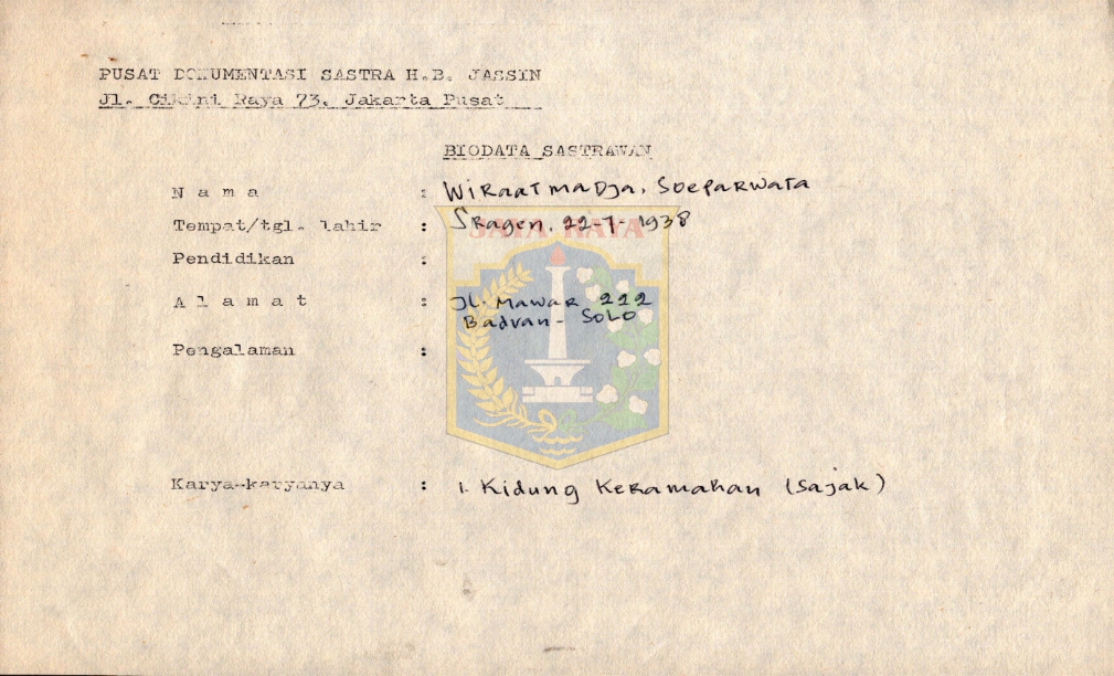 Biodata sastrawan Wiraatmaja, Suparwata
