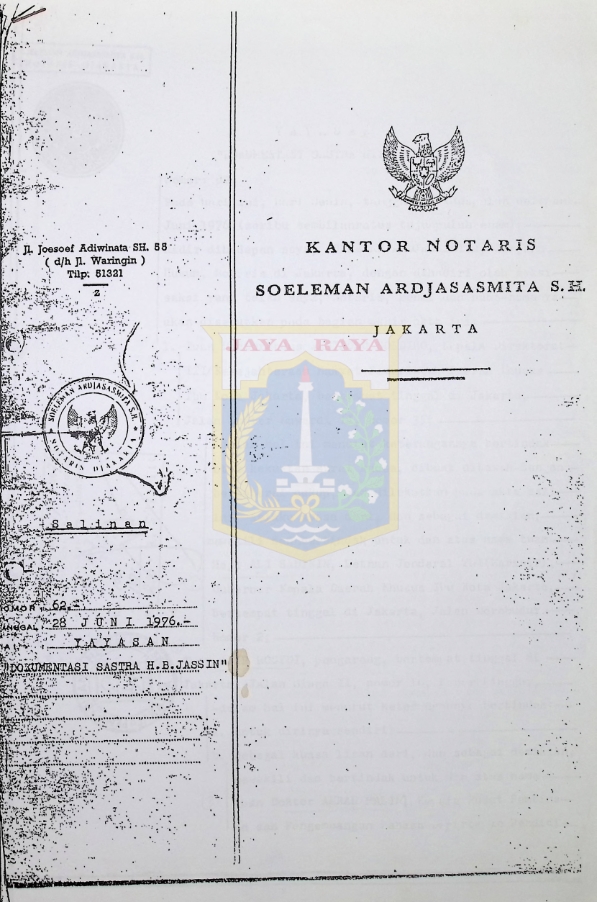 Salinan bukti pendirian Yayasan Dokumentasi Sastra H.B. Jassin