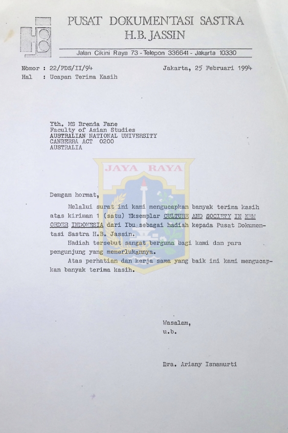 Surat Ariany Isnamurti untuk Brenda Fane (25 Februari 1994)