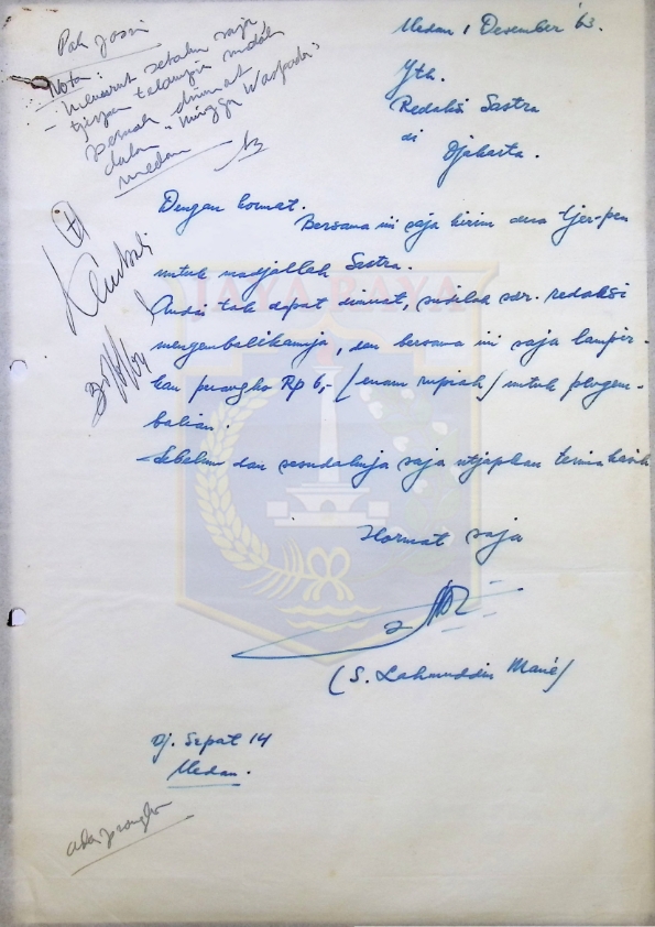 Surat tulisan tangan dari S. Lahmuddin Mane untuk Redaksi Sastra