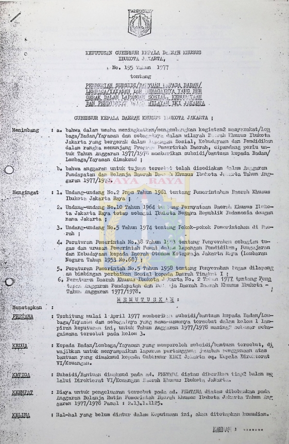 Surat keputusan gubernur Daerah Khusus Ibu Kota Jakarta No. 195 Tahun 1977