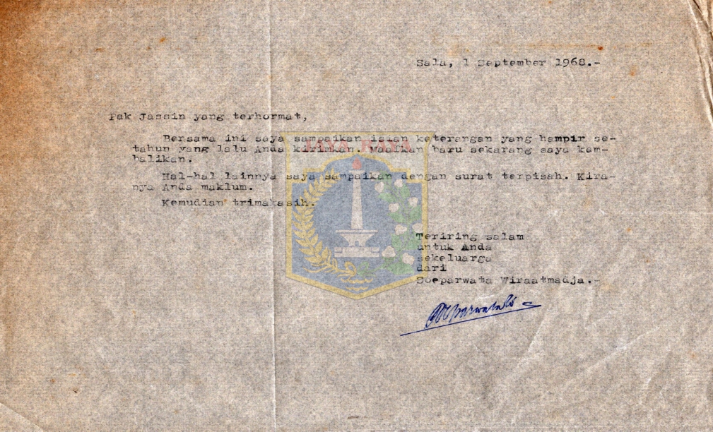 Surat dari Soeparwata Wiraatmadja kepada H.B. Jassin