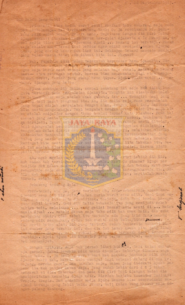 Surat Suparwoto Wiroatmodjo kepada Salim Said