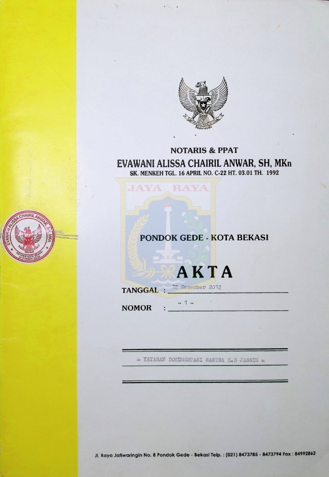 Akta pendirian Yayasan Dokumentasi Sastra H.B. Jassin