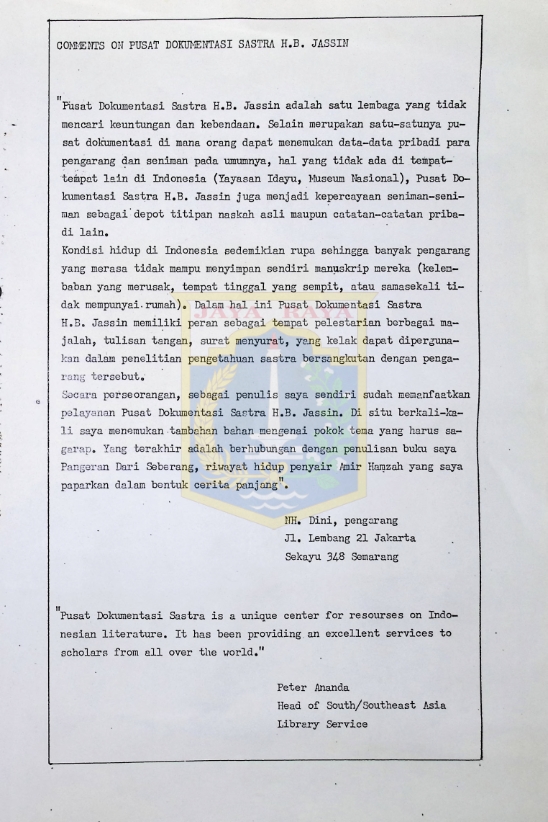 Comments on Pusat Dokumentasi Sastra H.B. Jassin