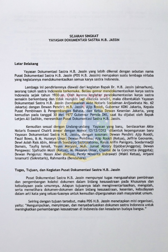 Sejarah singkat Yayasan Dokumentasi Sastra H.B. Jassin