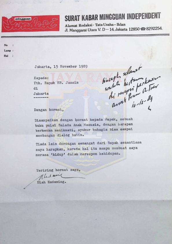 Surat dari Mingguan Swadesi (Diah Hadaning) untuk H.B. Jassin