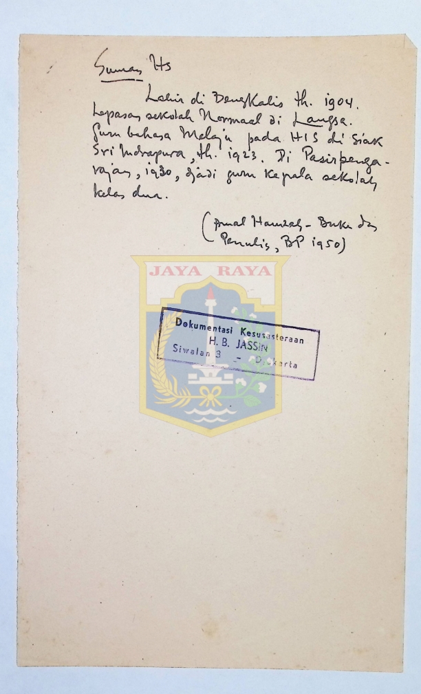 Tulisan tangan biografi Soeman Hs