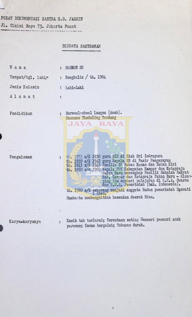 Biodata Sastrawan - Soeman HS