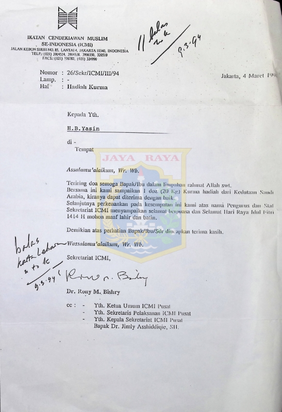 Surat ucapan Idul Fitri untuk HB Jassin dari Ikatan Cendekiawan Muslim Se-Indonesia