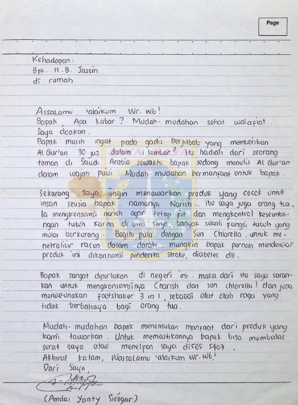 Surat tulisan tangan untuk HB Jassin dari Amdal Yanty Siregar