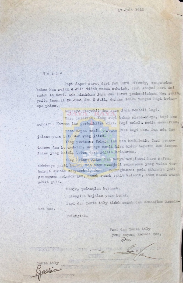 Surat untuk Mastinah Jassin dari HB Jassin dan Tante Lily (17 Juli 1968)