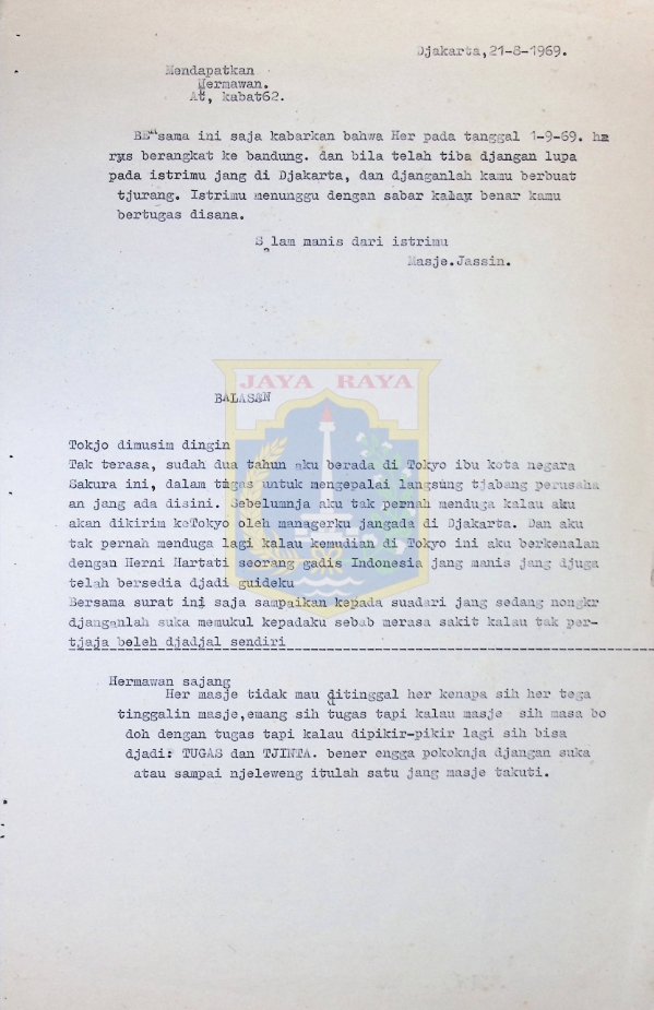 Surat menyurat Mastinah Jassin untuk Hermawan (21 Agustus 1969)