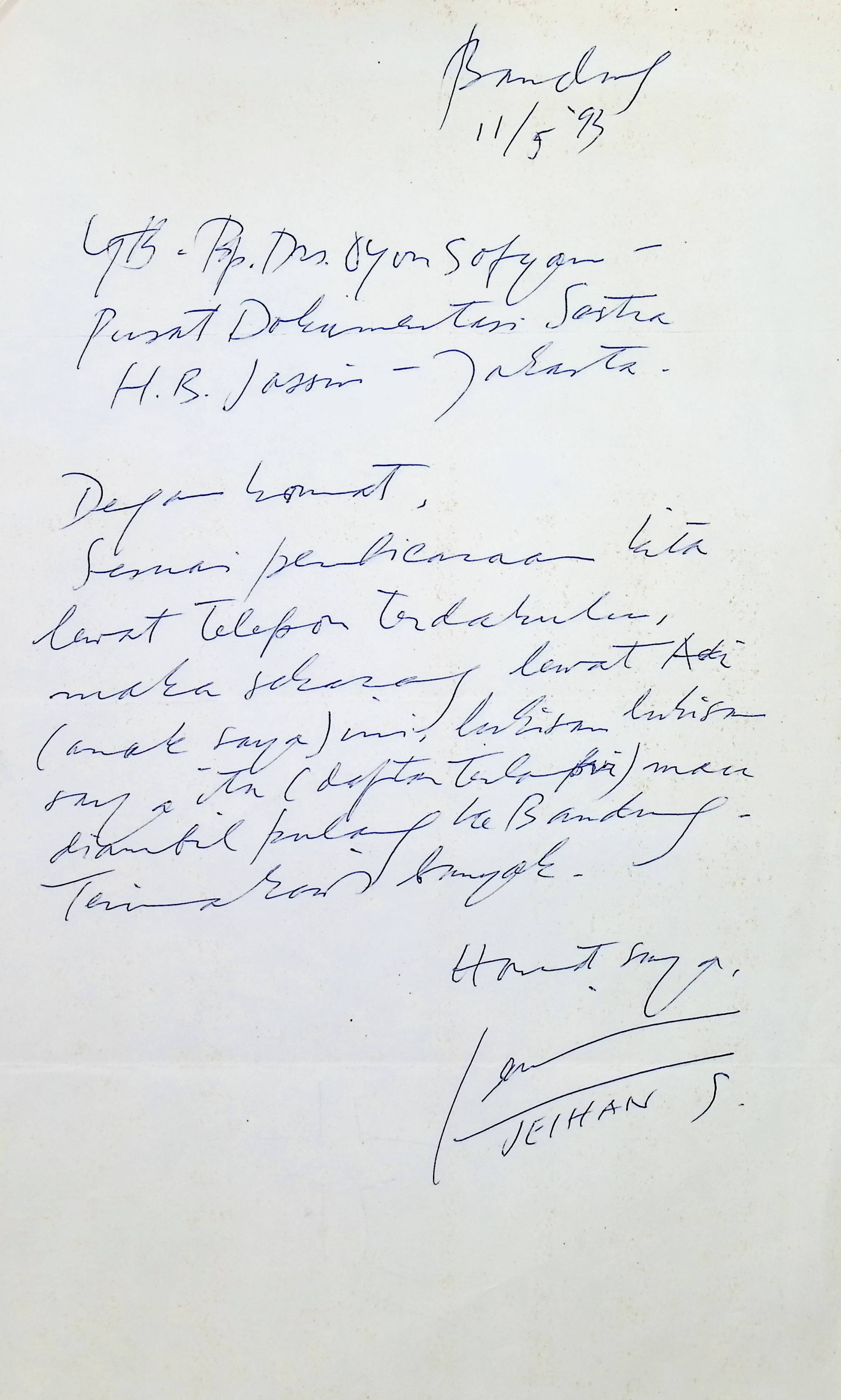 Surat Jeihan Sukmantoro untuk Oyon Sofyan