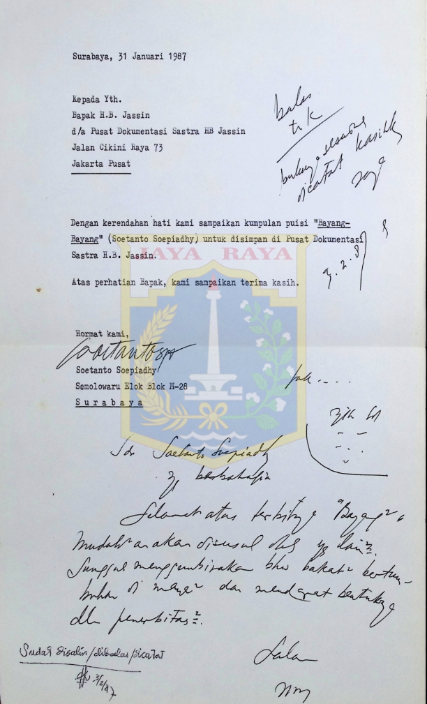 Surat Soetanto Soepiadhy kepada H.B. Jassin