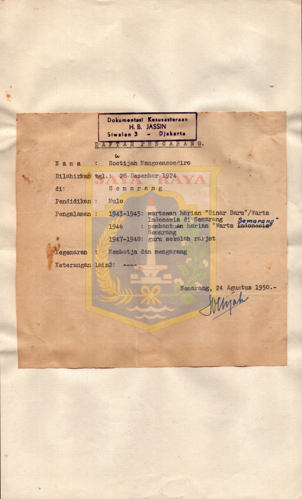 Surat daftar pengarang Soetijah Mangoensoediro