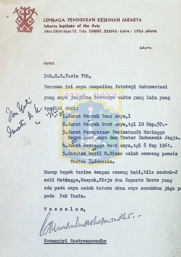 Surat Kepada H.B. Jassin Tentang Pengiriman dokumentasi