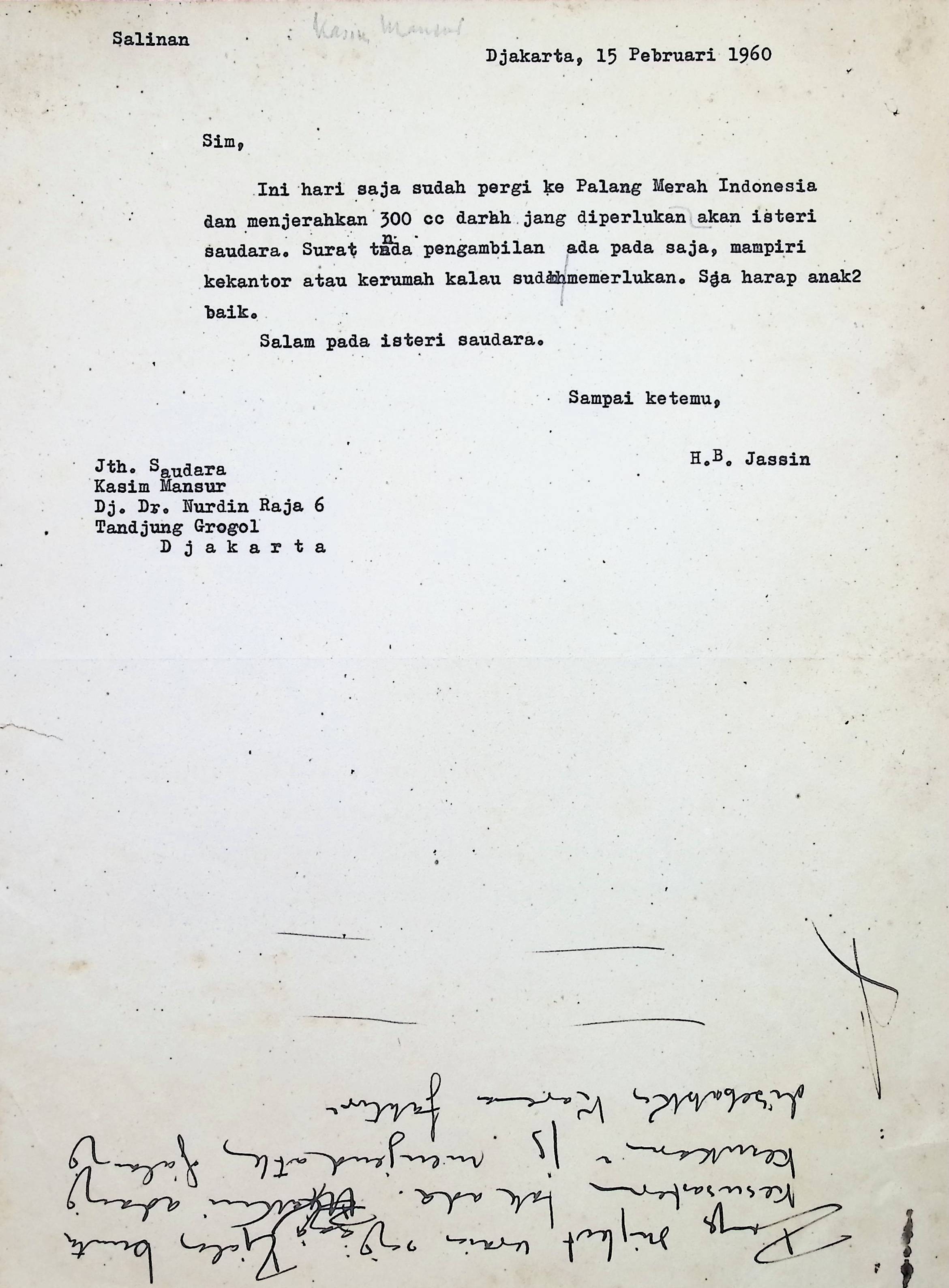 Surat H.B. Jassin kepada Kasim Mansur