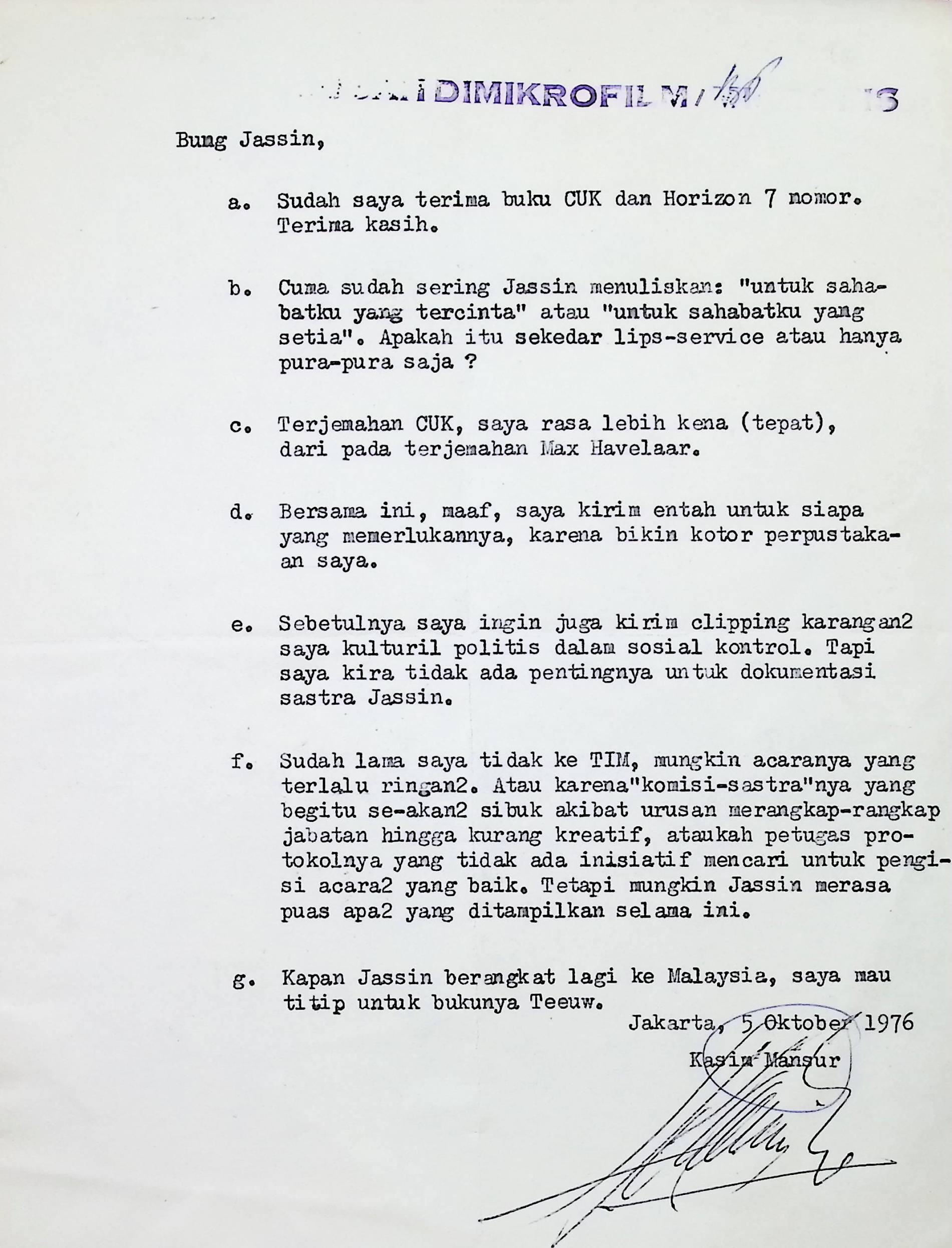 Surat Kasim Mansur kepada H.B. Jassin