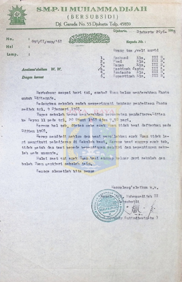 Surat untuk orangtua wali murid Mastinah Jassin (20 Juni 1968)
