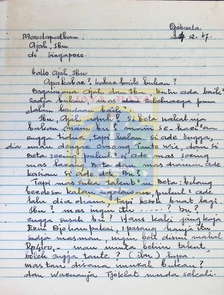 Surat tulisan tangan Mastinah Jassin untuk Ayah Ibu di Singapore (24 Desember 1967)