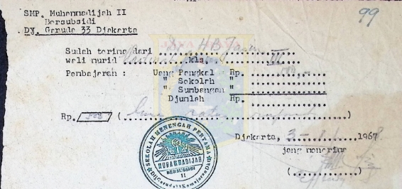 Kwitansi uang pembayaran sekolah Mastinah Jassin (3 Januari 1968)