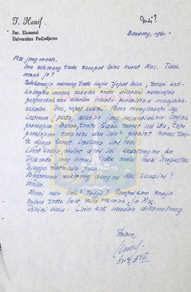 Surat tulisan tangan J. Hanif untuk Mastinah Jassin tahun 1961