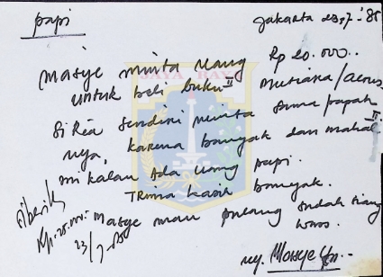 Surat tulisan tangan Mastinah Jassin untuk HB Jassin (23 Juli 1985)