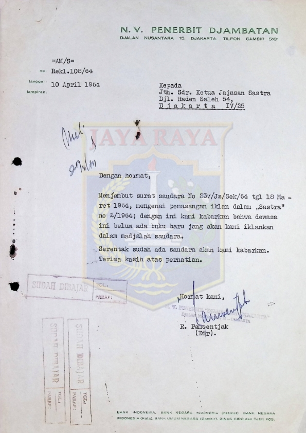 Surat No. Rekl.108 dari N.V. Djambatan kepada Ketua Yayasan Sastra
