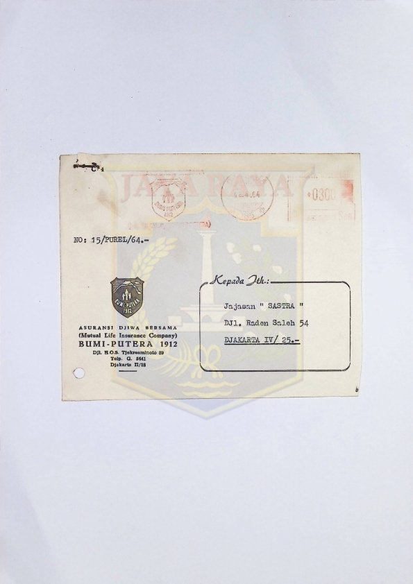 Surat dari Asuransi Djiwa Bersama Bumi Putera 1912 untuk Yayasan Sastra