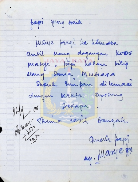 Surat tulisan tangan Mastinah Jassin untuk HB Jassin (22 April 1985)