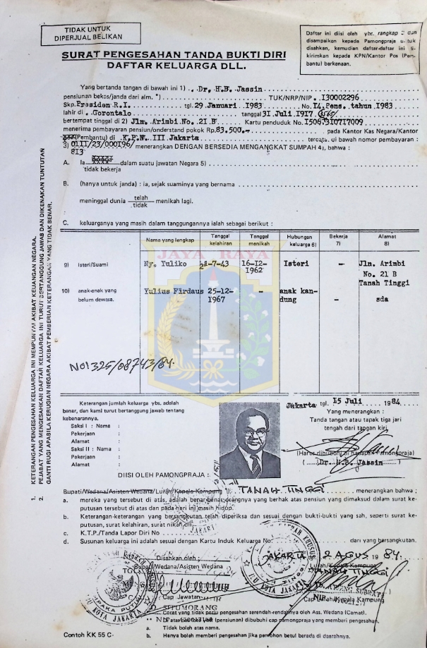 Surat pengesahan tanda bukti diri daftar keluarga dll (2 Agustus 1984)