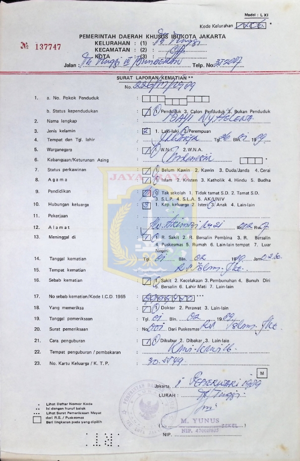 Surat laporan kematian (1 Februari 1989)