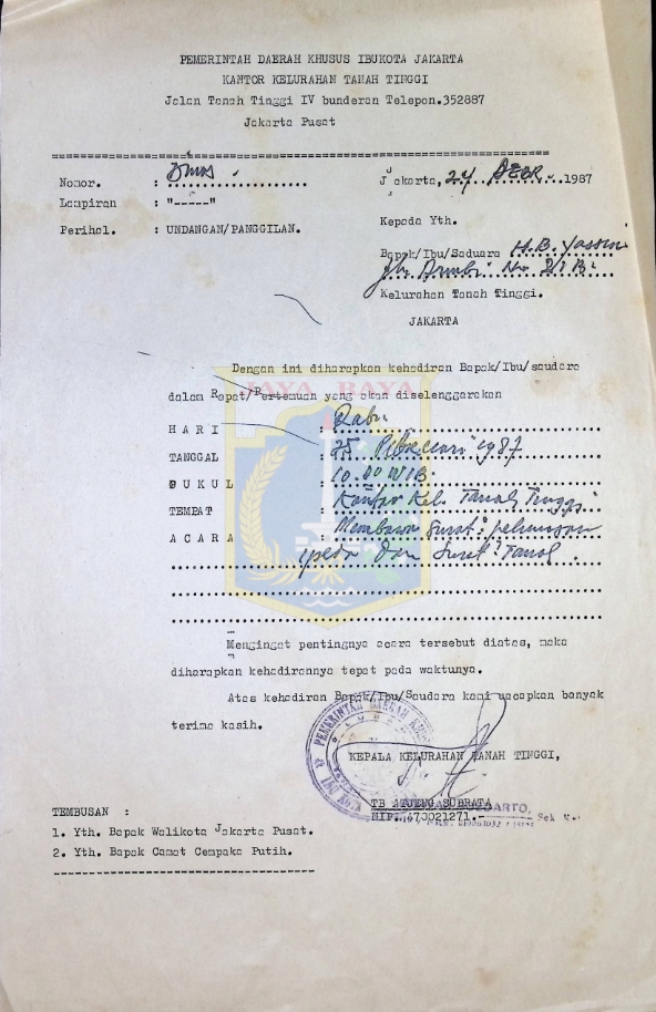 Surat dari Kepala Kelurahan Tanah Tinggi untuk HB Jassin (24 Desember 1987)