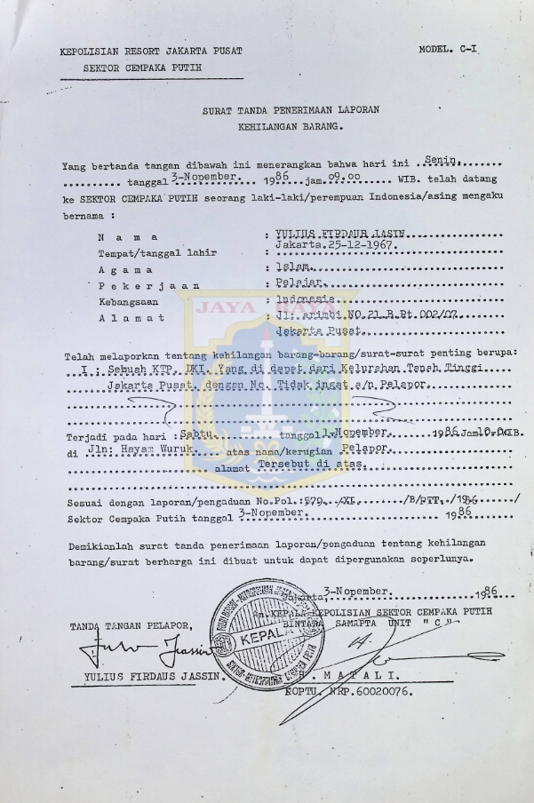 Surat tanda penerimaan laporan kehilangan barang (3 November 1986)