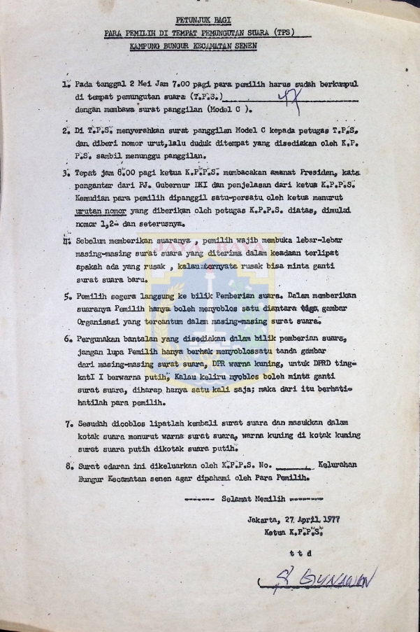 Petunjuk bagi para pemilih di tempat pemungutan suara (TPS) Kampung Bungur Kecamatan Senen (27 April 1977)