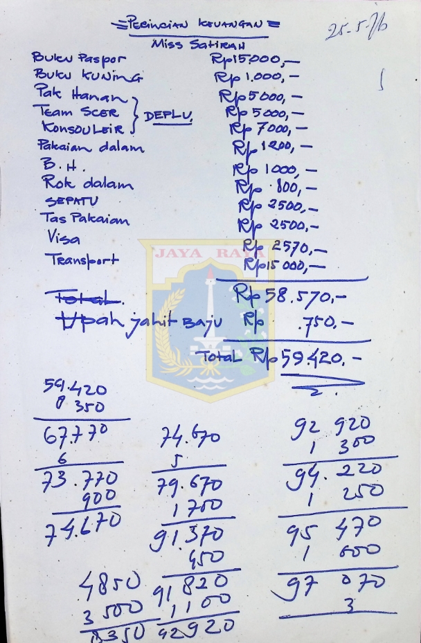 Perincian keuangan Miss Satirah tahun 1976
