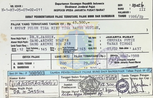 Surat pemberitahuan pajak terhutang pajak bumi dan bangunan HB Jassin tahun 1988 (18 Februari 1988)