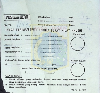 Tanda terima/berita terima surat kilat khusus dari HB Jassin