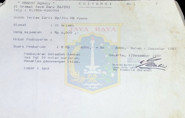 Kuitansi HB Jassin dari Kramat Agency (1 Desember 1987)
